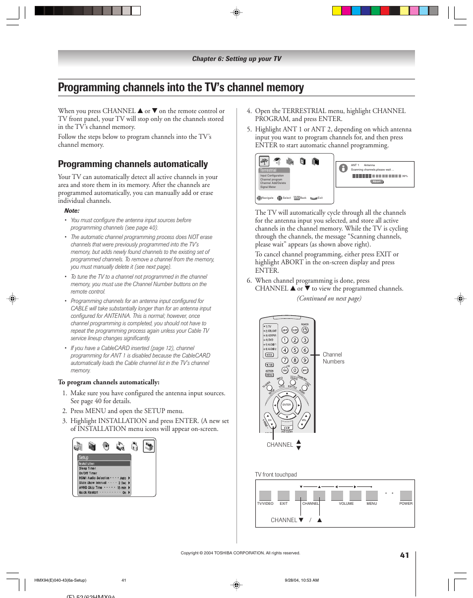 Programming channels automatically | Toshiba 52HMX94 User Manual | Page 41 / 108