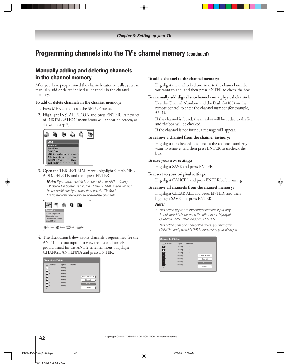 Continued), Chapter 6: setting up your tv | Toshiba 52HMX94 User Manual | Page 42 / 108