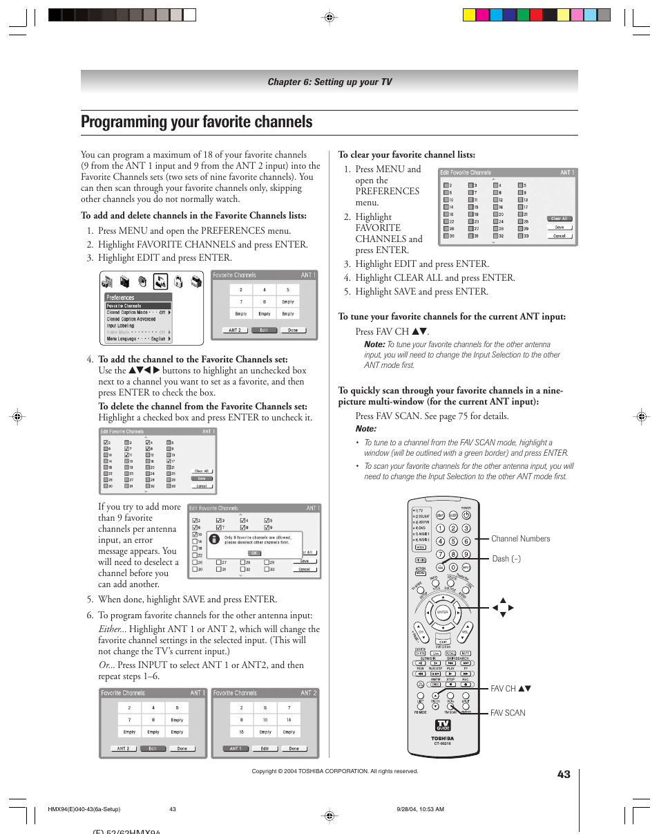 Programming your favorite channels | Toshiba 52HMX94 User Manual | Page 43 / 108