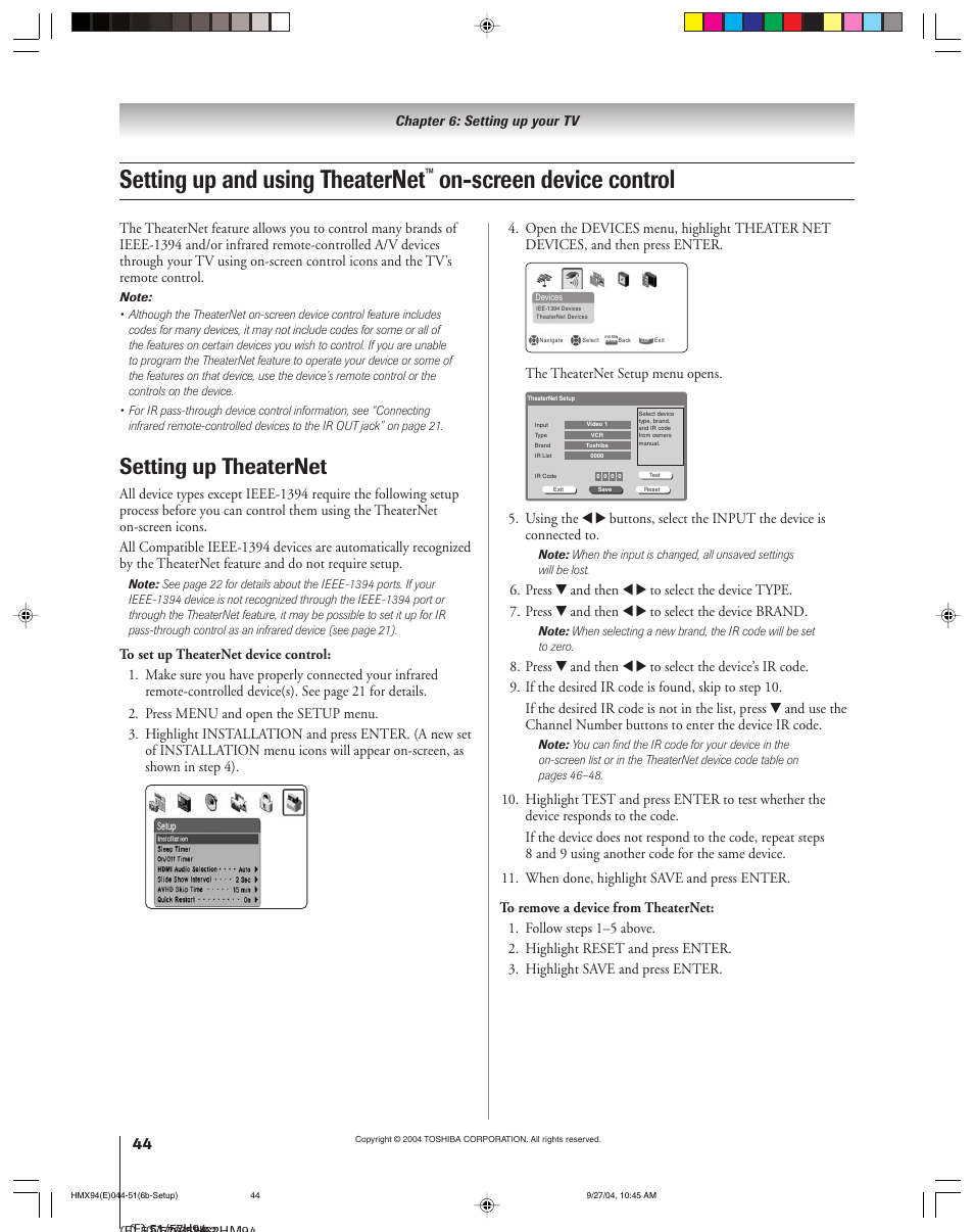 Setting up and using theaternet, On-screen device control, Setting up theaternet | Toshiba 52HMX94 User Manual | Page 44 / 108
