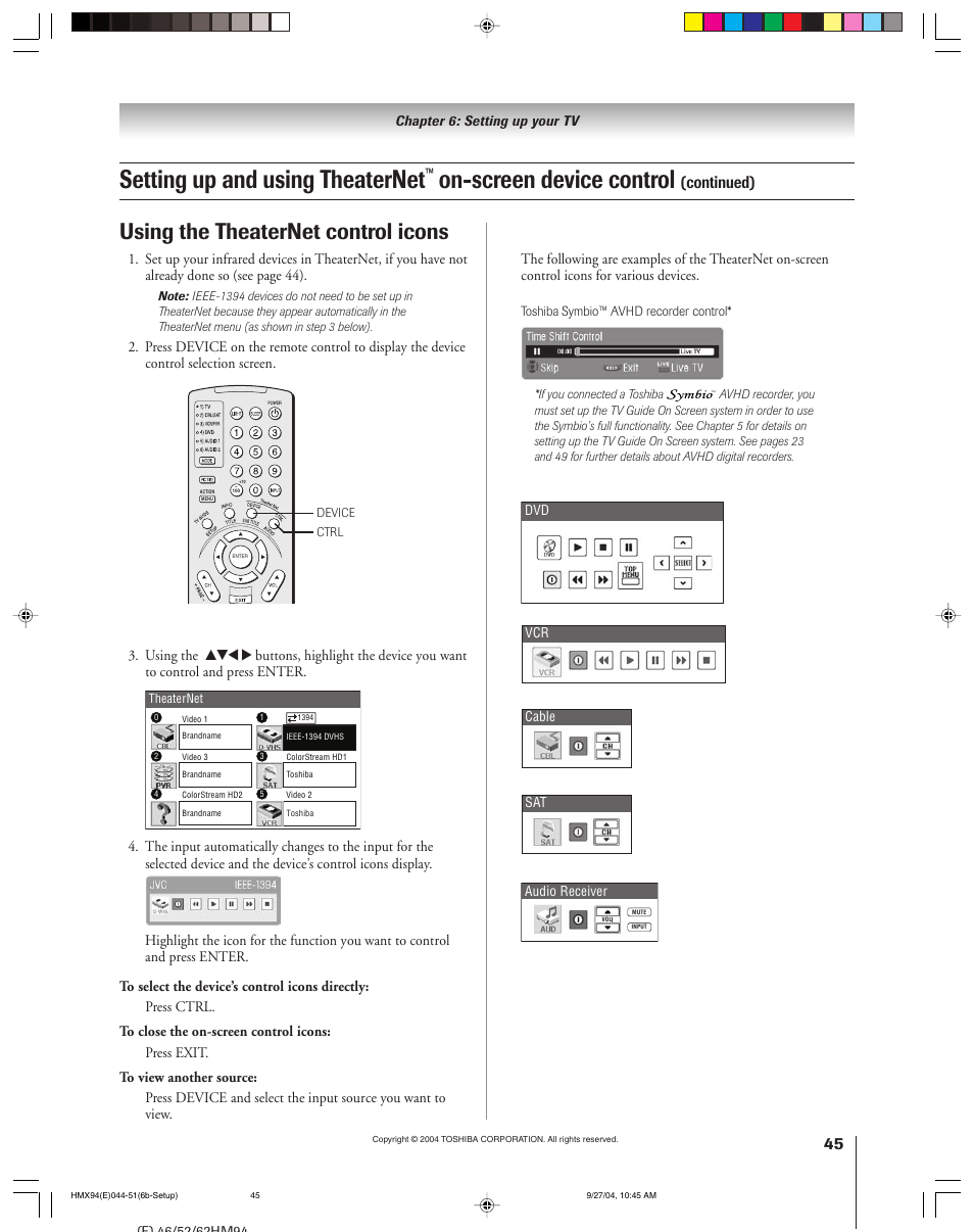 Setting up and using theaternet, On-screen device control, Using the theaternet control icons | Continued) | Toshiba 52HMX94 User Manual | Page 45 / 108