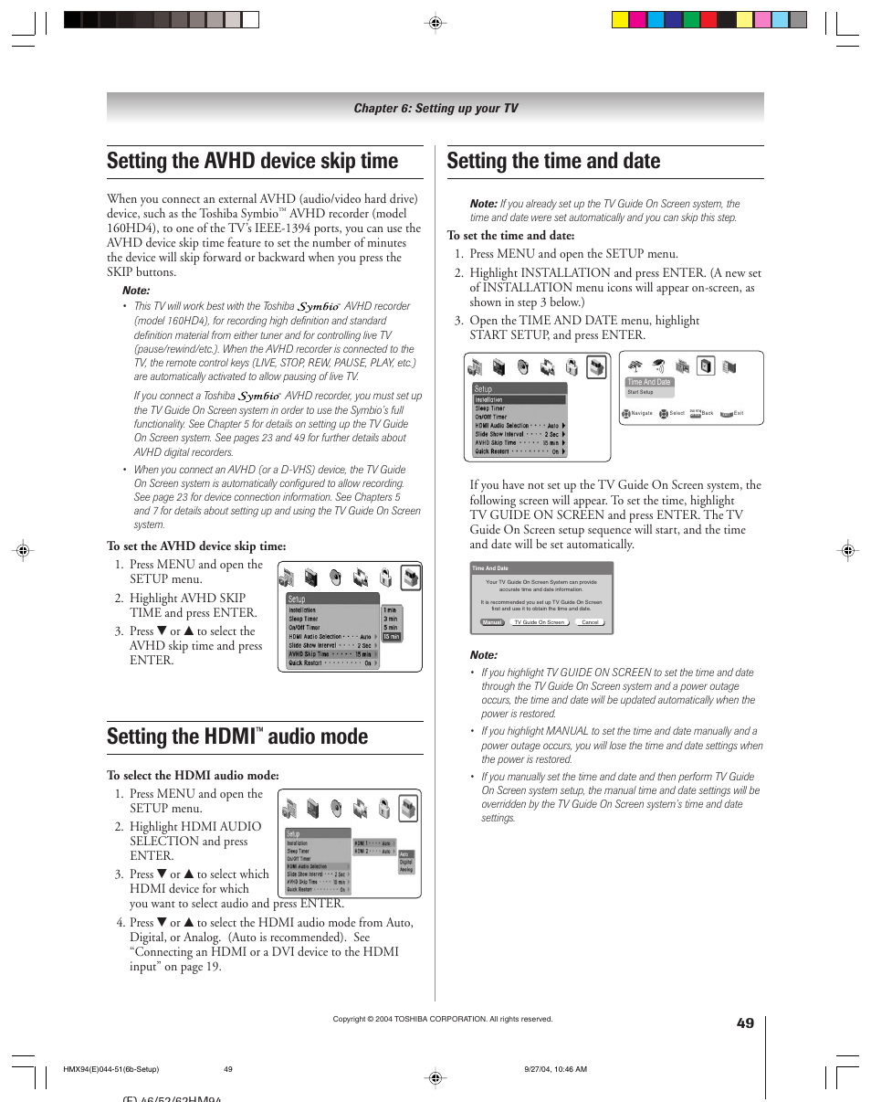 Setting the avhd device skip time, Setting the hdmi, Audio mode | Setting the time and date | Toshiba 52HMX94 User Manual | Page 49 / 108