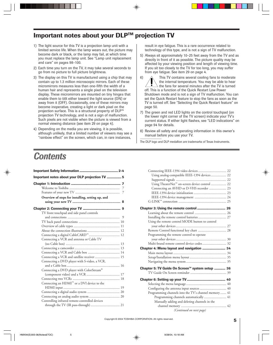 Toshiba 52HMX94 User Manual | Page 5 / 108