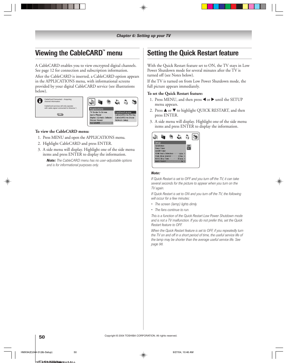Viewing the cablecard, Menu, Setting the quick restart feature | Toshiba 52HMX94 User Manual | Page 50 / 108