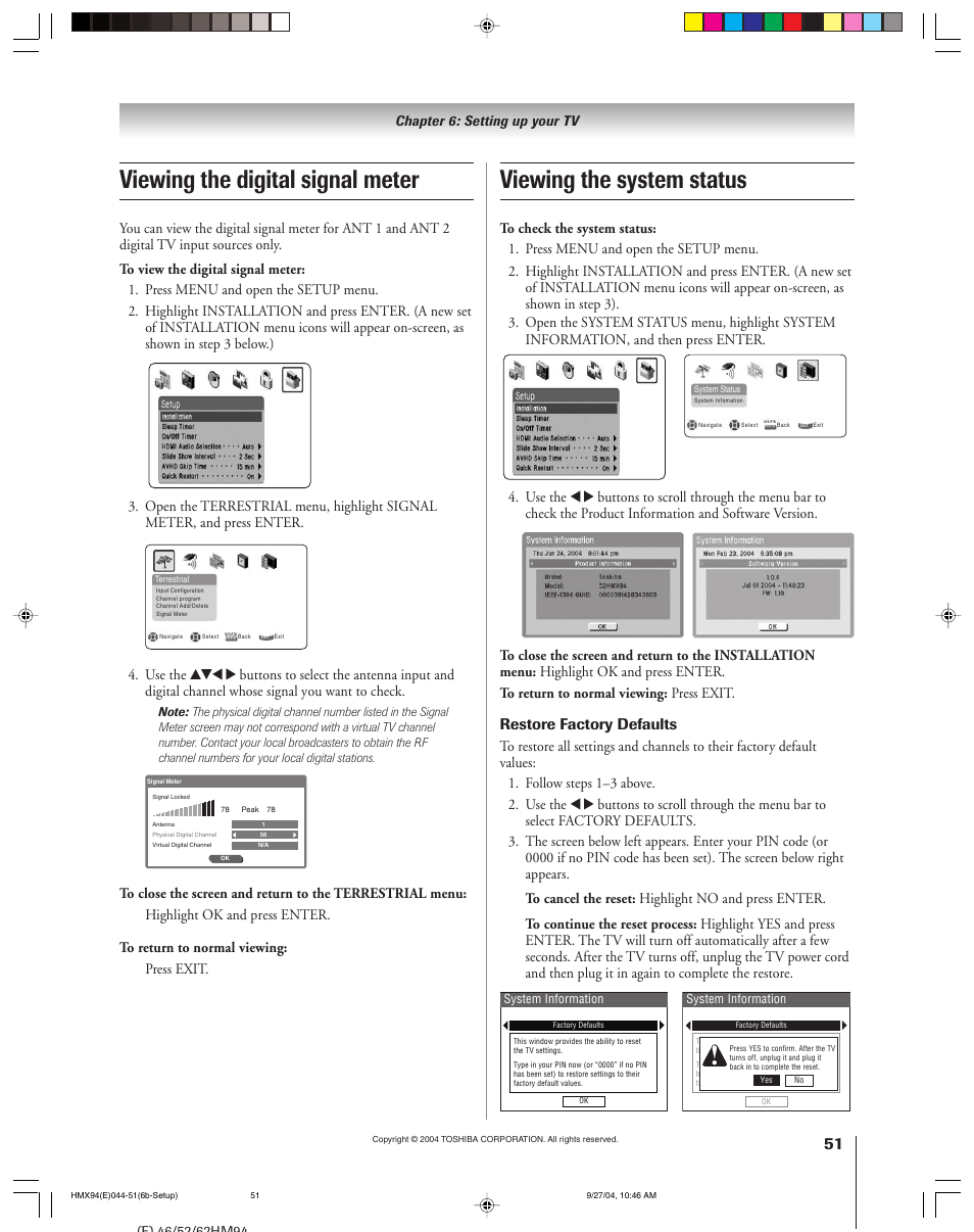 Restore factory defaults | Toshiba 52HMX94 User Manual | Page 51 / 108