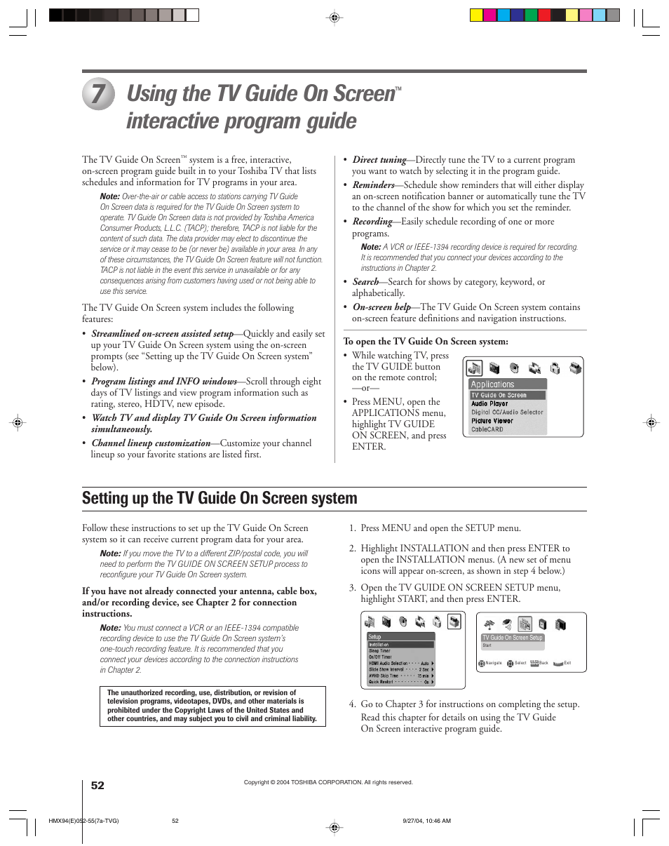 Using the tv guide on screen, Interactive program guide, Setting up the tv guide on screen system | Toshiba 52HMX94 User Manual | Page 52 / 108