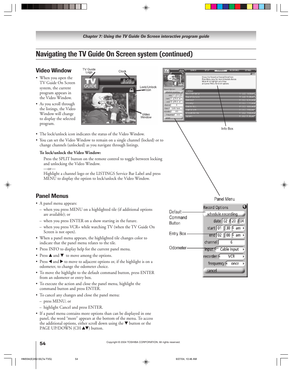 Panel menus, Video window | Toshiba 52HMX94 User Manual | Page 54 / 108