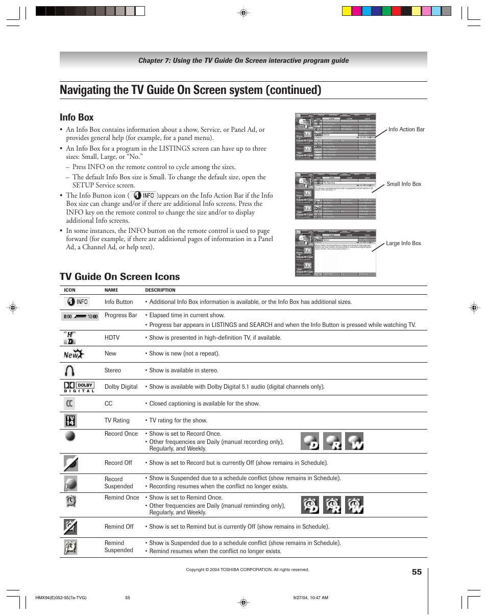 Tv guide on screen icons, Info box | Toshiba 52HMX94 User Manual | Page 55 / 108