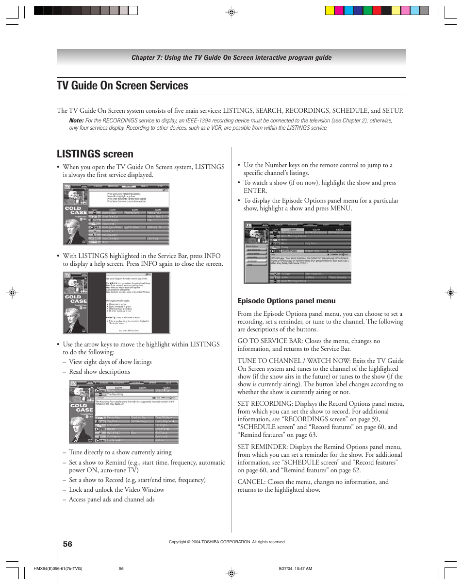 Tv guide on screen services, Listings screen | Toshiba 52HMX94 User Manual | Page 56 / 108