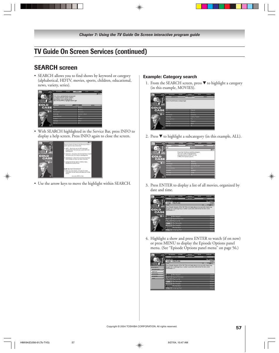 Tv guide on screen services (continued), Search screen | Toshiba 52HMX94 User Manual | Page 57 / 108
