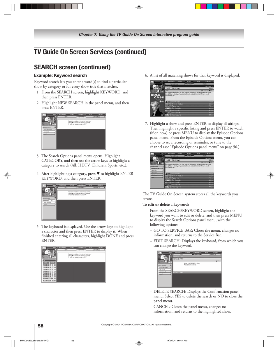 Tv guide on screen services (continued), Search screen (continued) | Toshiba 52HMX94 User Manual | Page 58 / 108
