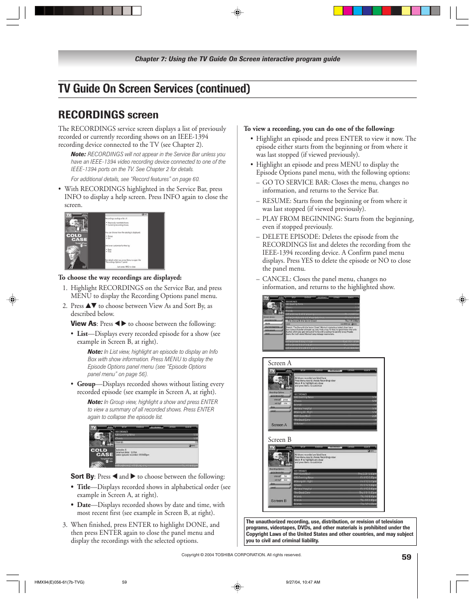 Tv guide on screen services (continued), Recordings screen | Toshiba 52HMX94 User Manual | Page 59 / 108