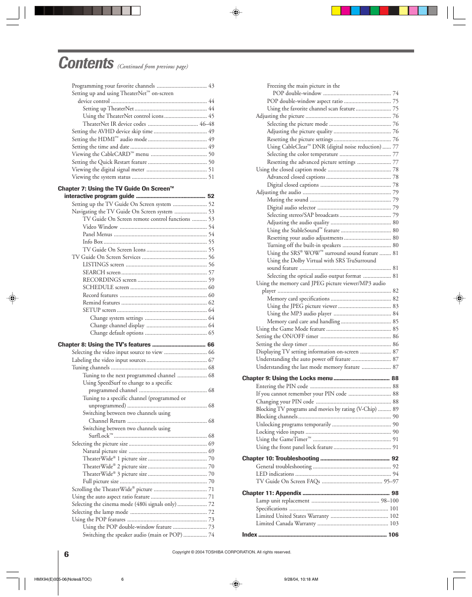 Toshiba 52HMX94 User Manual | Page 6 / 108