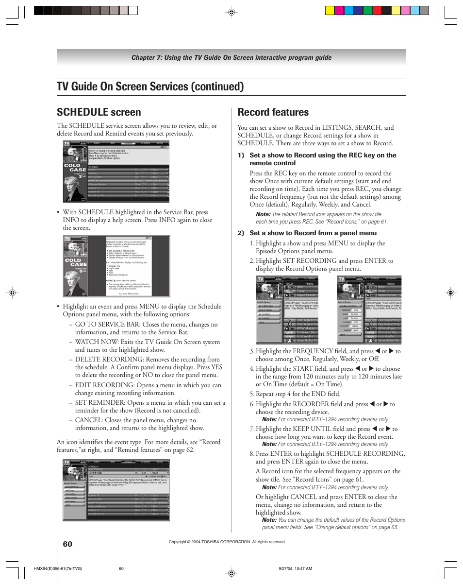 Tv guide on screen services (continued), Schedule screen, Record features | Toshiba 52HMX94 User Manual | Page 60 / 108