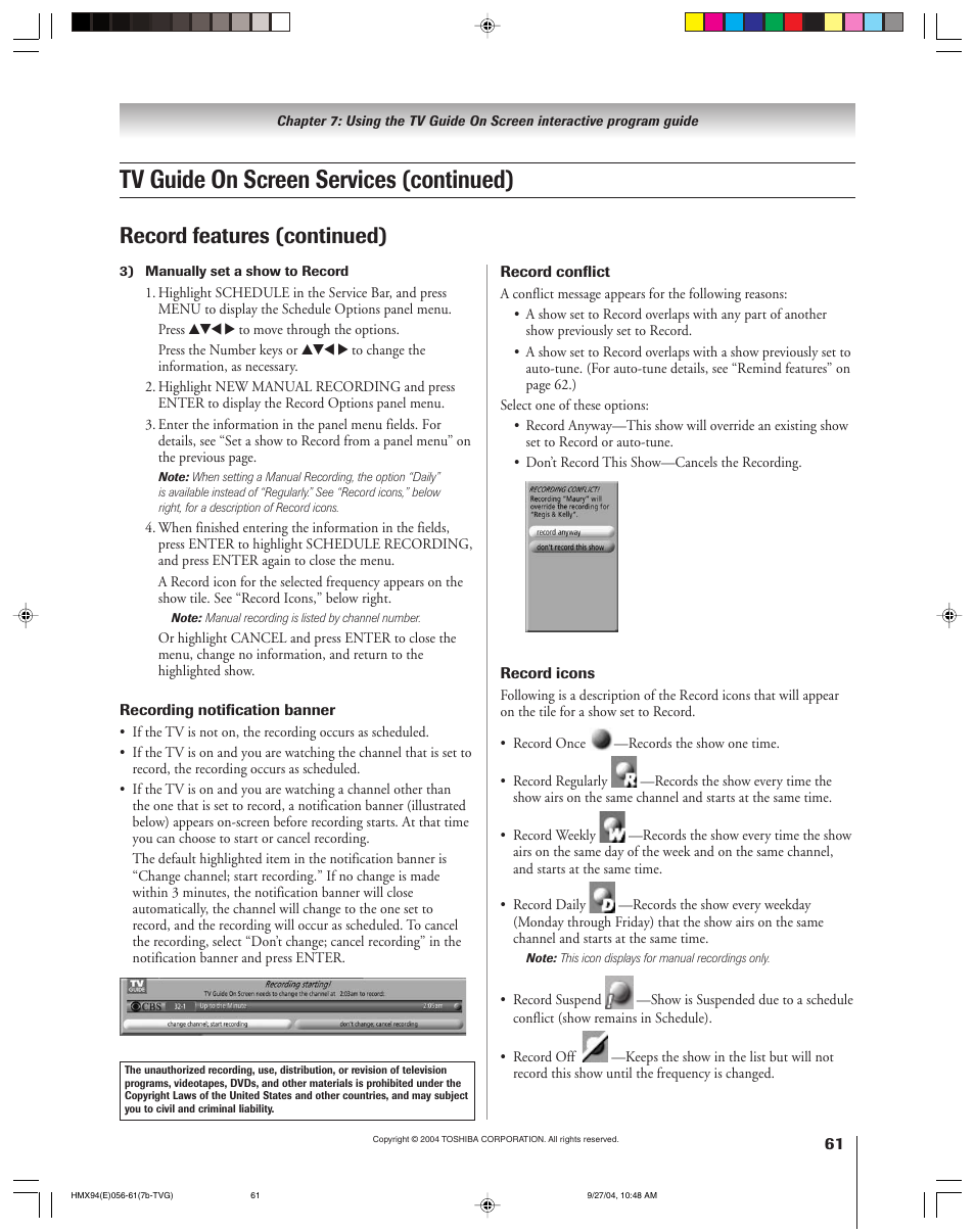 Tv guide on screen services (continued), Record features (continued) | Toshiba 52HMX94 User Manual | Page 61 / 108