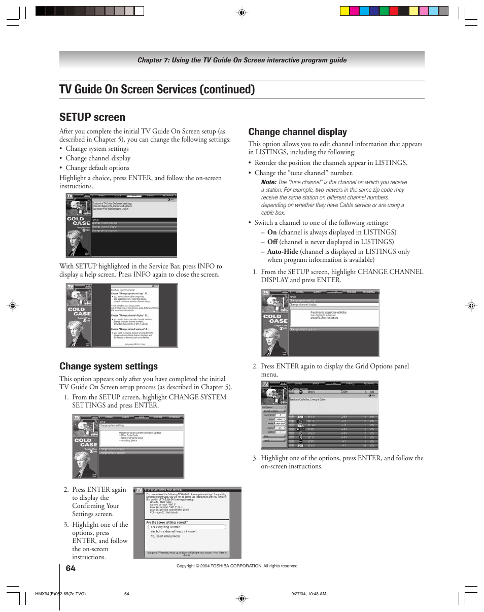 Tv guide on screen services (continued), Setup screen, Change system settings | Change channel display | Toshiba 52HMX94 User Manual | Page 64 / 108