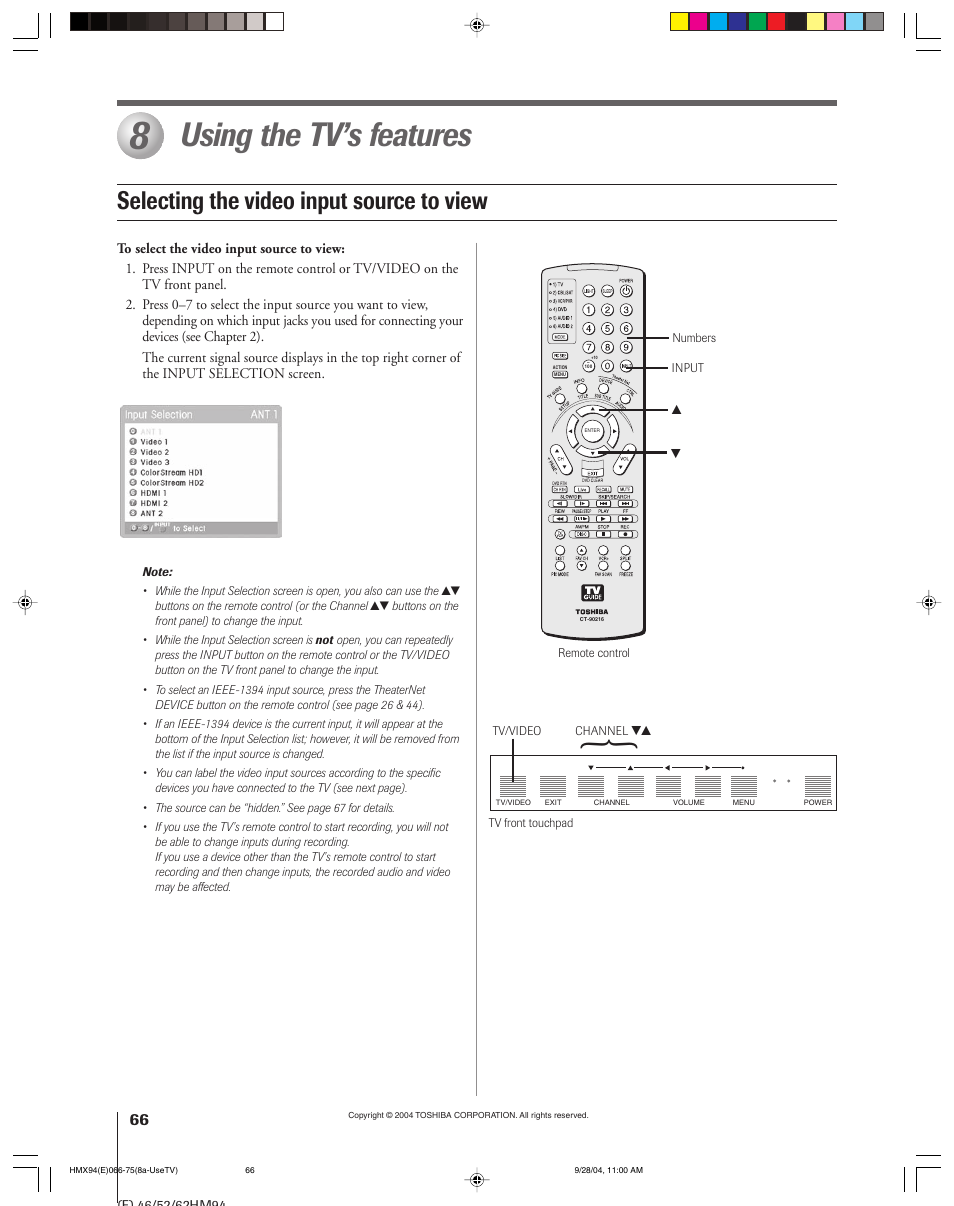 Using the tv’s features, Selecting the video input source to view | Toshiba 52HMX94 User Manual | Page 66 / 108