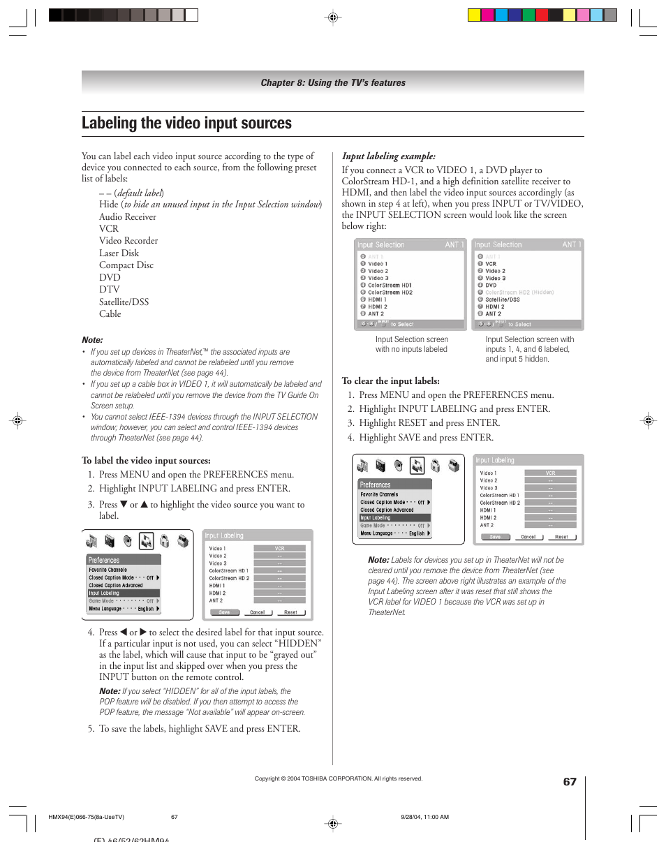 Labeling the video input sources | Toshiba 52HMX94 User Manual | Page 67 / 108