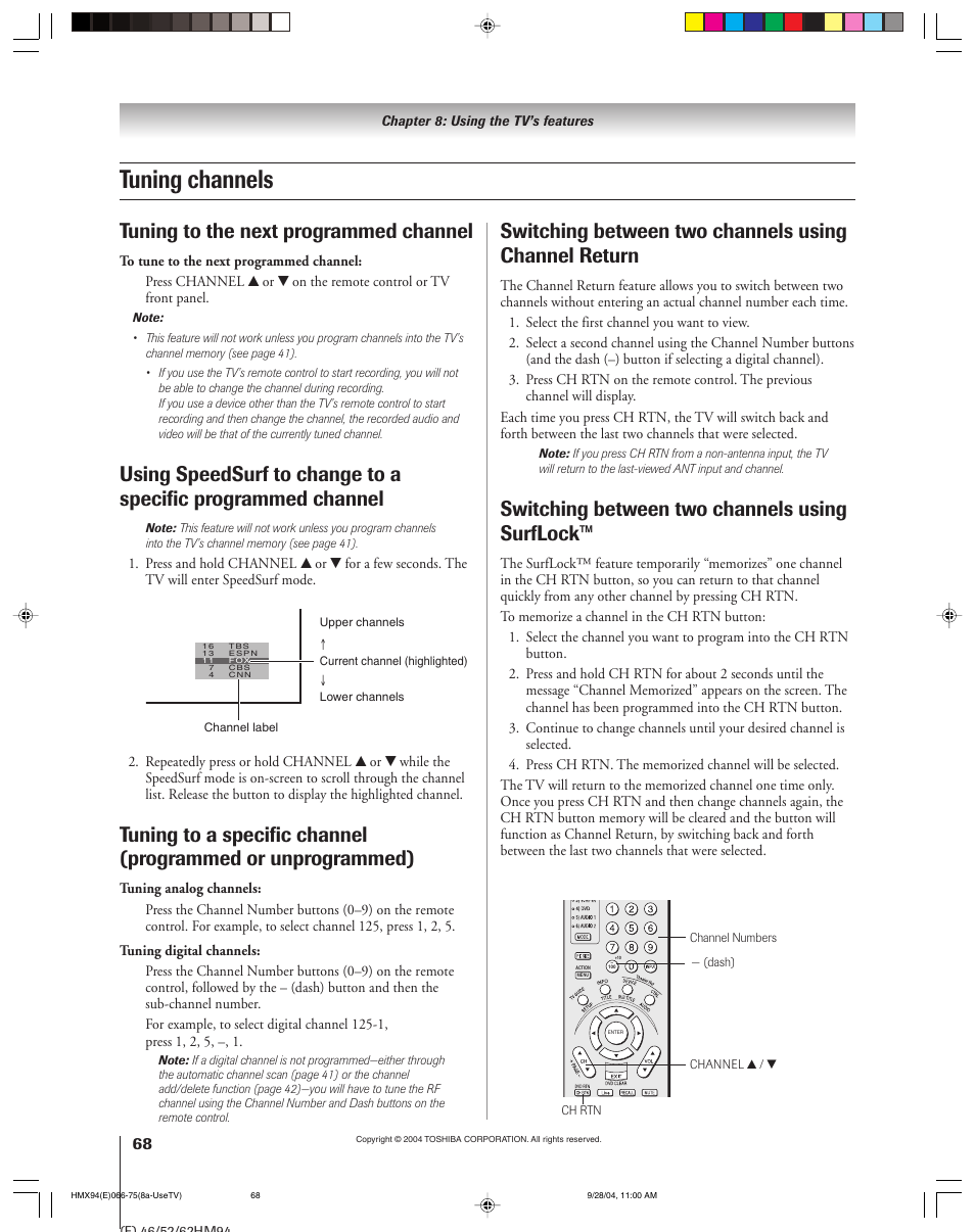 Tuning channels, Tuning to the next programmed channel, Switching between two channels using surflock | Toshiba 52HMX94 User Manual | Page 68 / 108