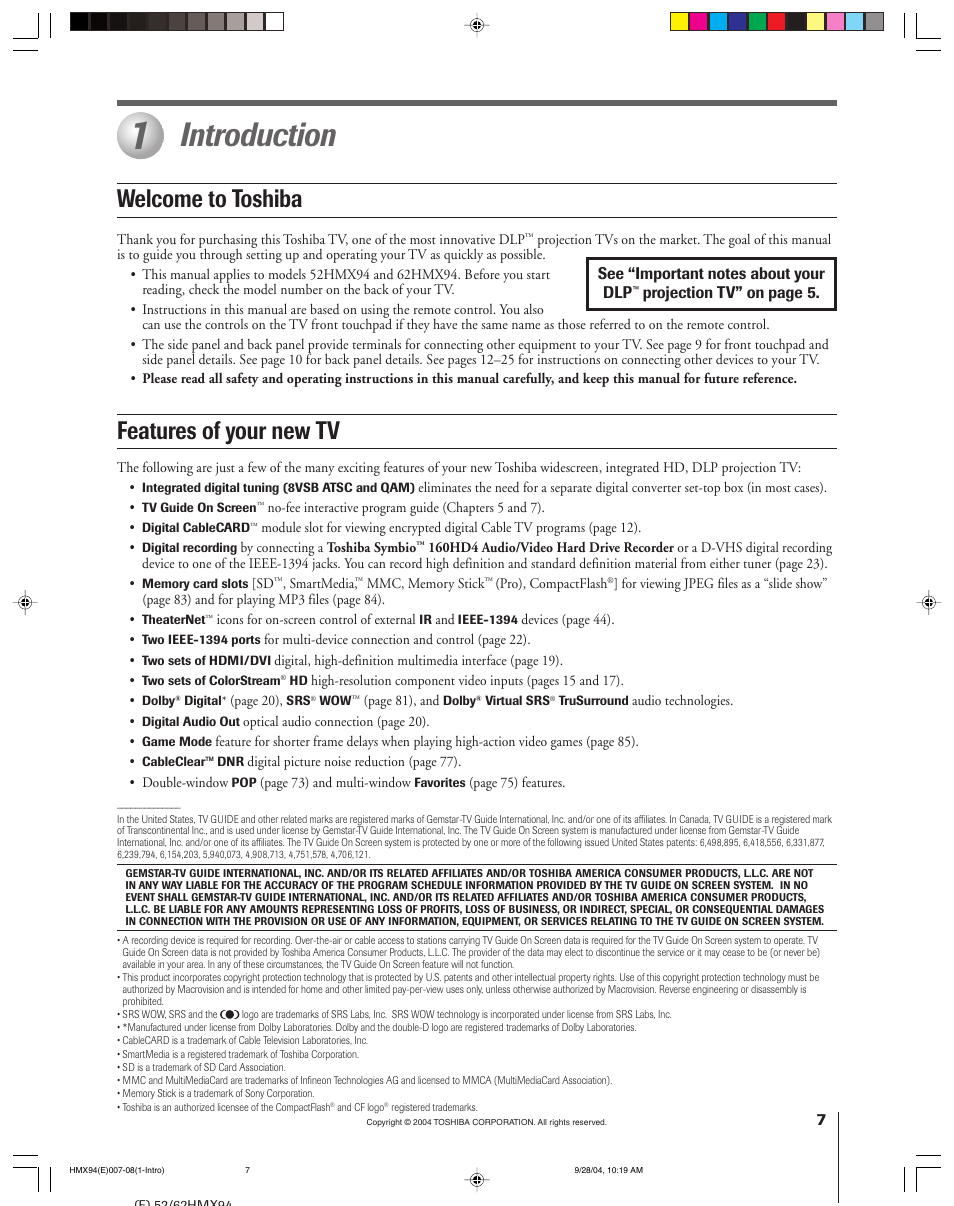 Introduction, Welcome to toshiba features of your new tv | Toshiba 52HMX94 User Manual | Page 7 / 108
