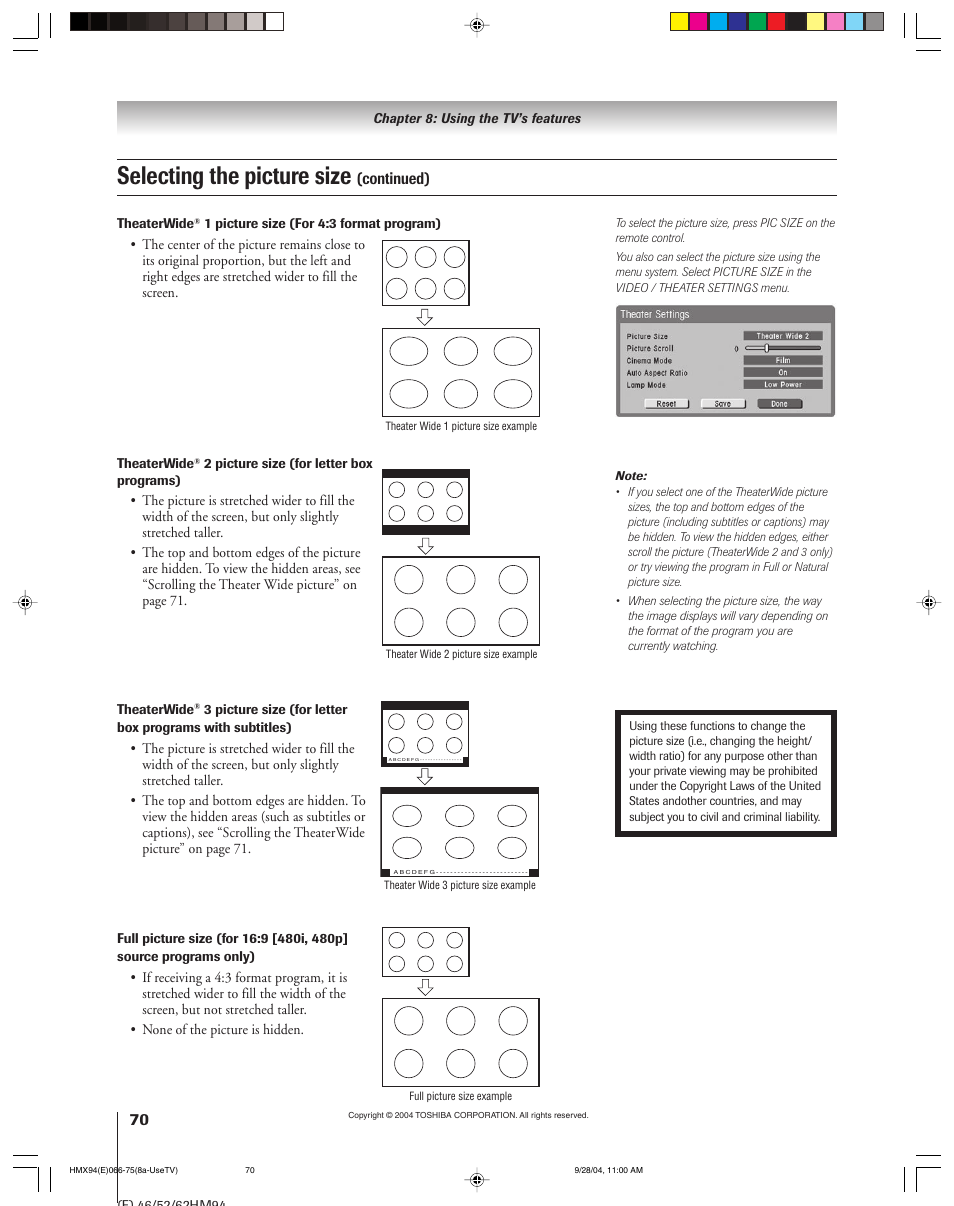 Selecting the picture size, Continued) | Toshiba 52HMX94 User Manual | Page 70 / 108