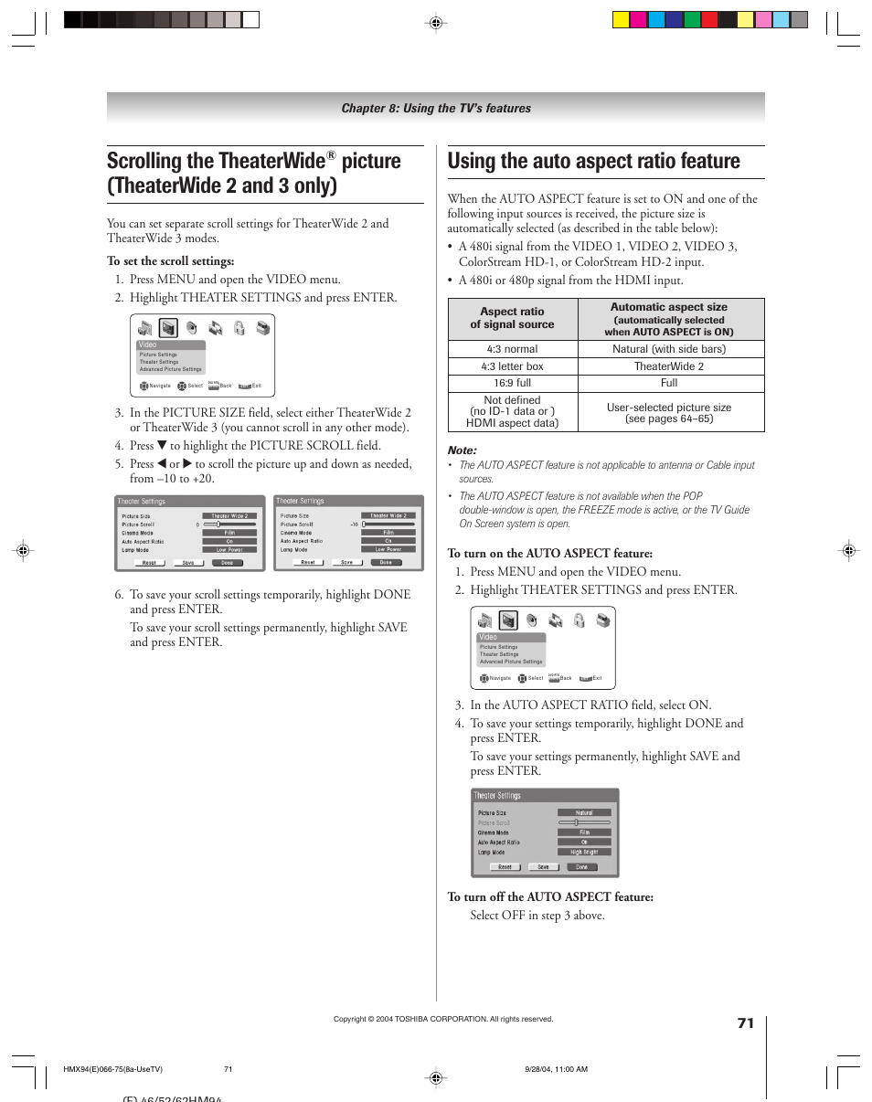 Using the auto aspect ratio feature, Scrolling the theaterwide, Picture (theaterwide 2 and 3 only) | Toshiba 52HMX94 User Manual | Page 71 / 108