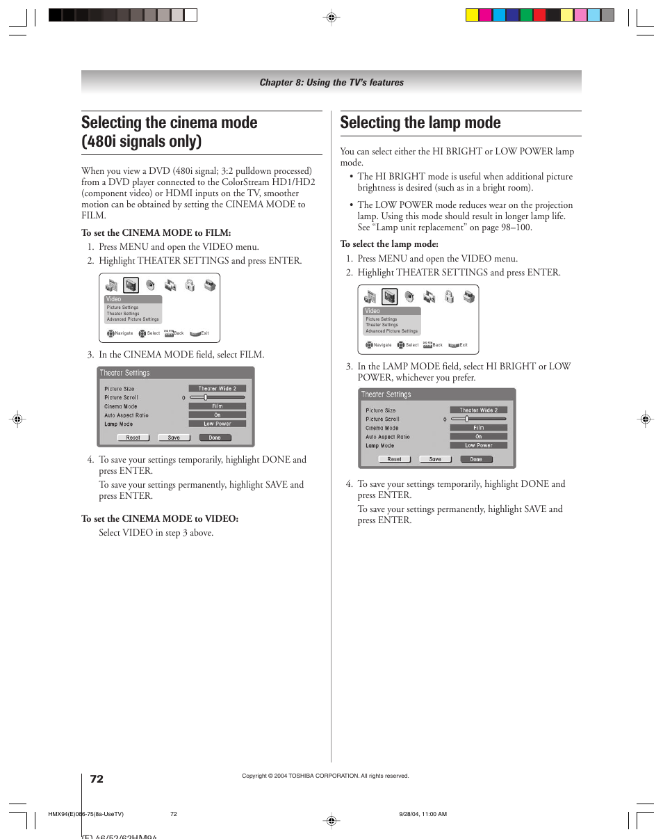 Selecting the lamp mode, Selecting the cinema mode (480i signals only) | Toshiba 52HMX94 User Manual | Page 72 / 108