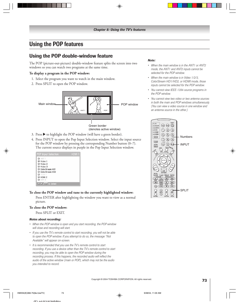 Using the pop features, Using the pop double-window feature | Toshiba 52HMX94 User Manual | Page 73 / 108