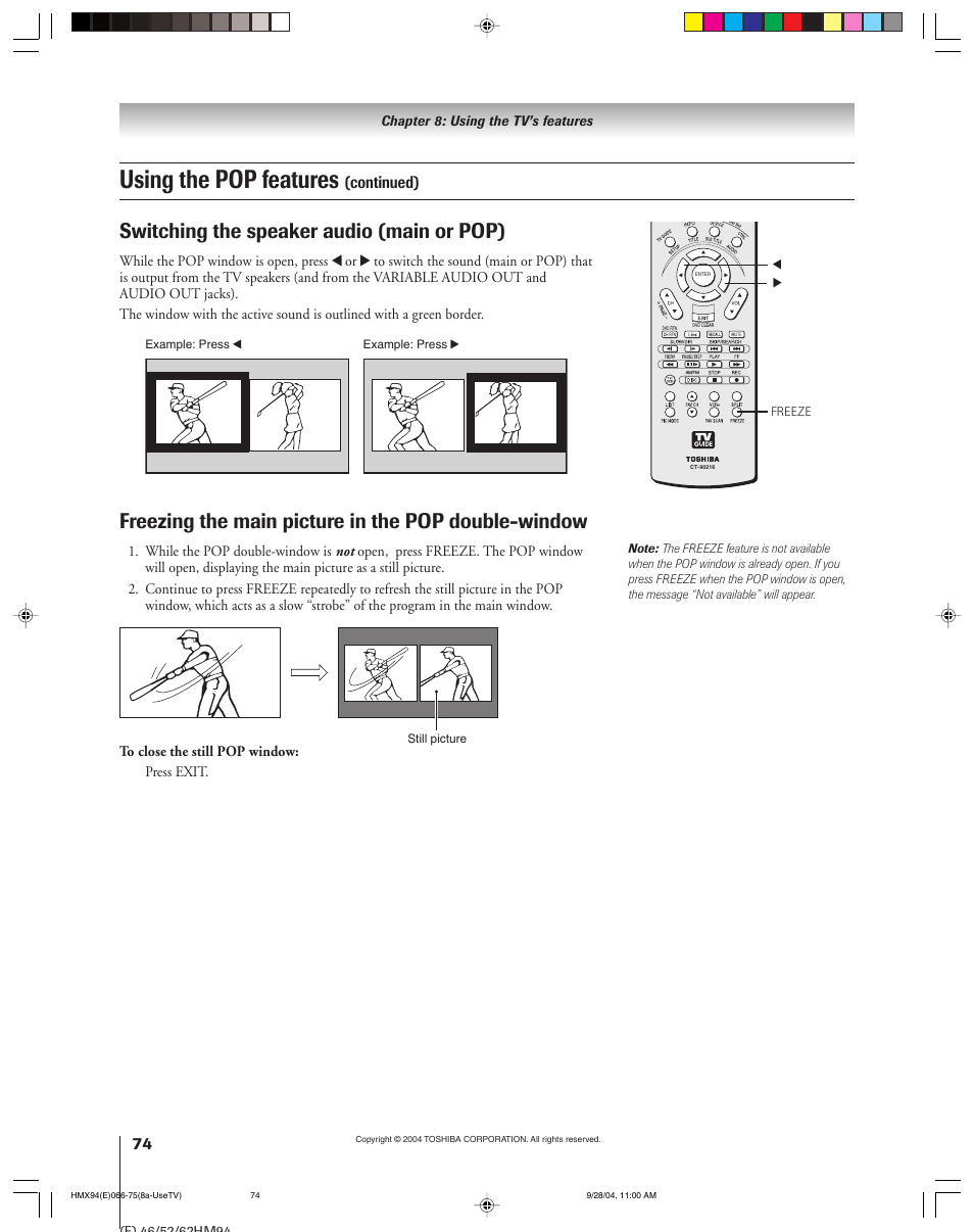 Using the pop features, Freezing the main picture in the pop double-window, Switching the speaker audio (main or pop) | Toshiba 52HMX94 User Manual | Page 74 / 108