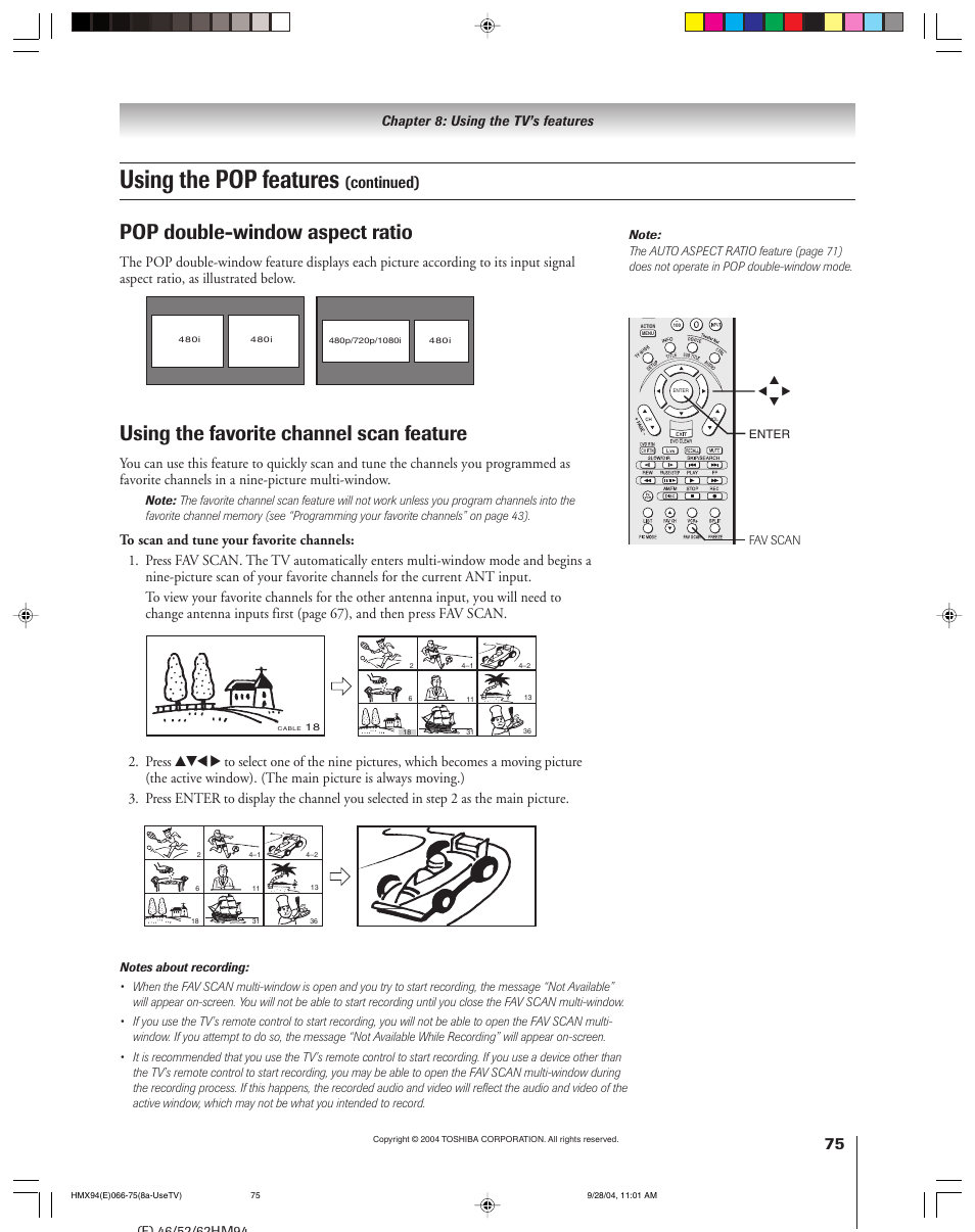 Using the pop features, Pop double-window aspect ratio, Using the favorite channel scan feature | Continued) | Toshiba 52HMX94 User Manual | Page 75 / 108