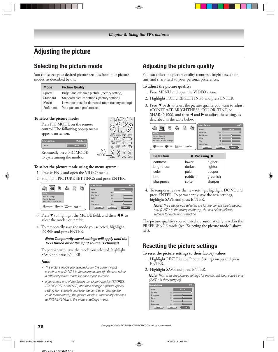 Adjusting the picture, Selecting the picture mode, Adjusting the picture quality | Resetting the picture settings, Chapter 8: using the tv’s features | Toshiba 52HMX94 User Manual | Page 76 / 108