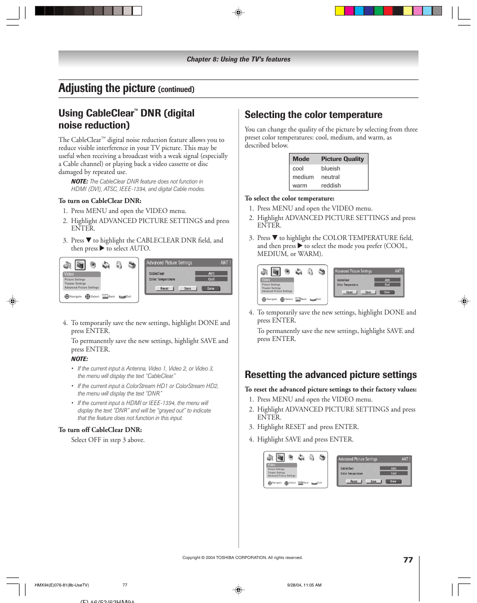 Adjusting the picture, Using cableclear, Dnr (digital noise reduction) | Selecting the color temperature, Resetting the advanced picture settings, Continued) | Toshiba 52HMX94 User Manual | Page 77 / 108