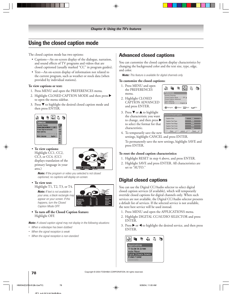 Using the closed caption mode, Advanced closed captions, Digital closed captions | Toshiba 52HMX94 User Manual | Page 78 / 108