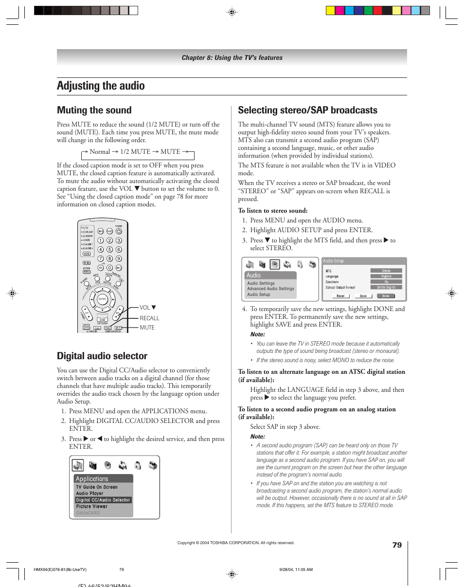 Adjusting the audio, Muting the sound, Selecting stereo/sap broadcasts | Digital audio selector | Toshiba 52HMX94 User Manual | Page 79 / 108