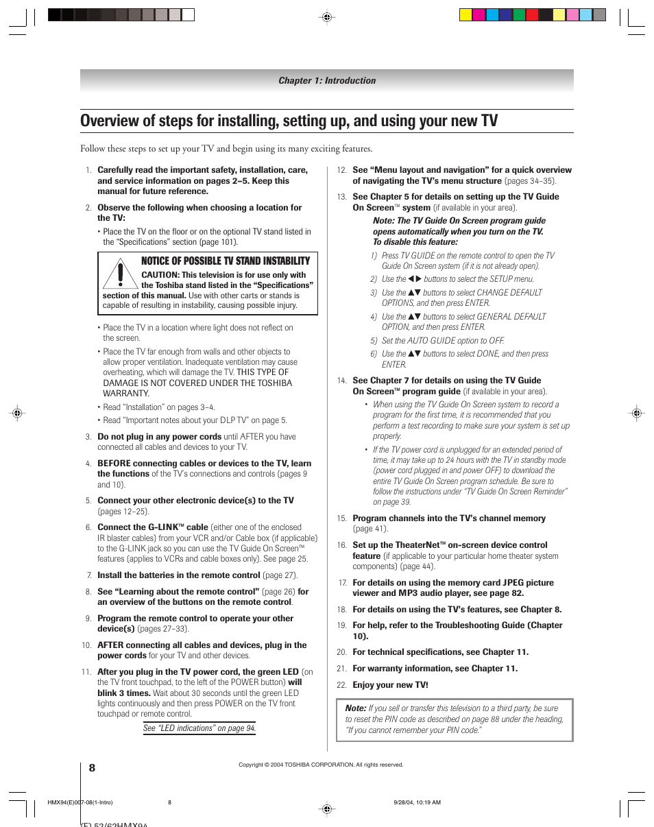 Toshiba 52HMX94 User Manual | Page 8 / 108