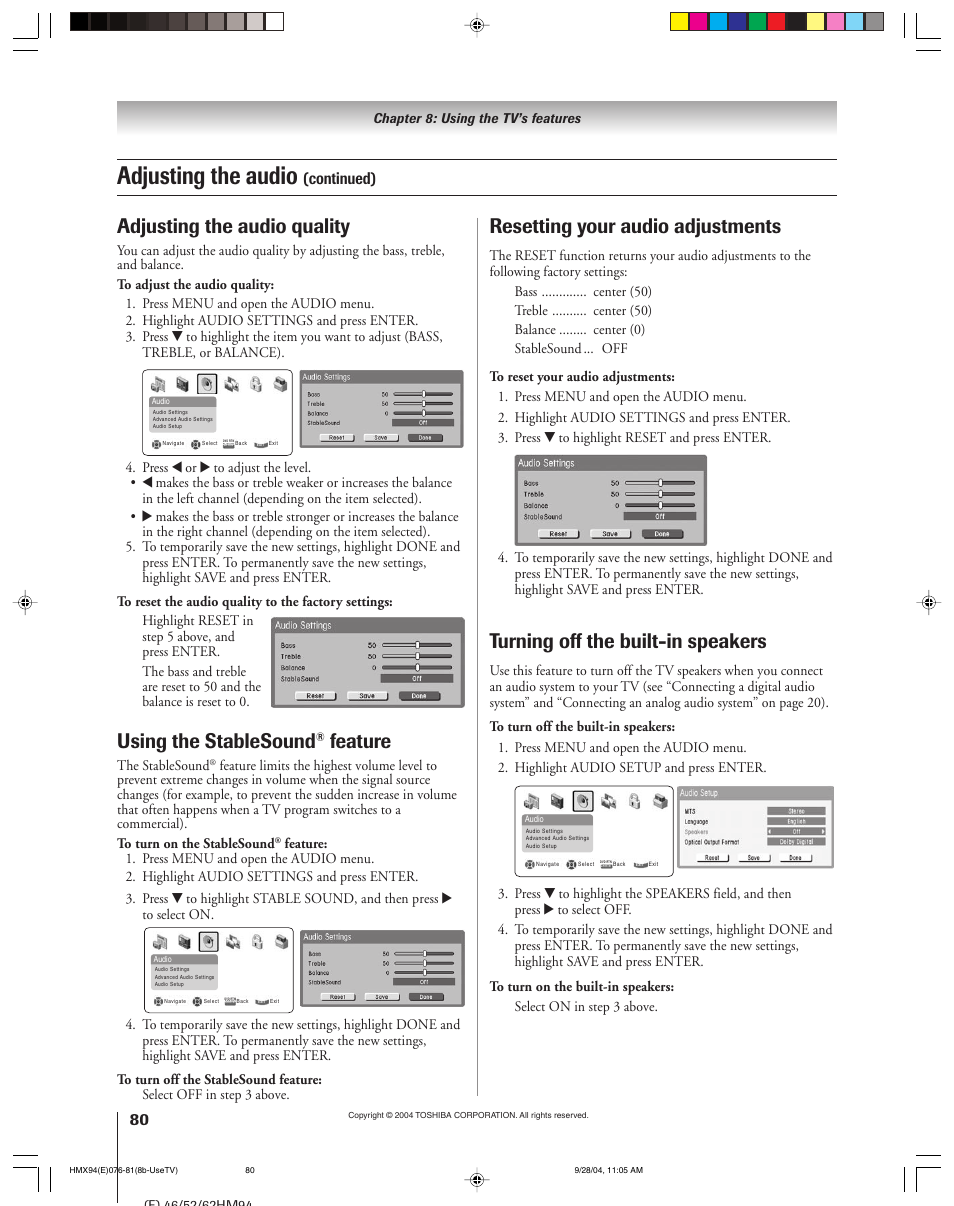 Adjusting the audio, Turning off the built-in speakers, Using the stablesound | Feature, Resetting your audio adjustments, Adjusting the audio quality, Continued) | Toshiba 52HMX94 User Manual | Page 80 / 108