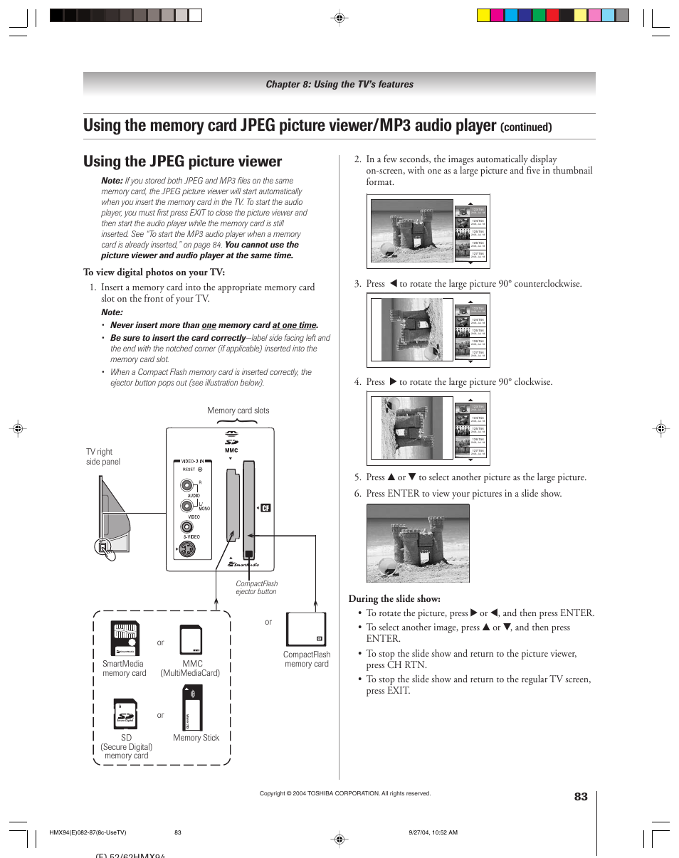 Using the jpeg picture viewer, Continued), Press • to rotate the large picture 90° clockwise | Toshiba 52HMX94 User Manual | Page 83 / 108