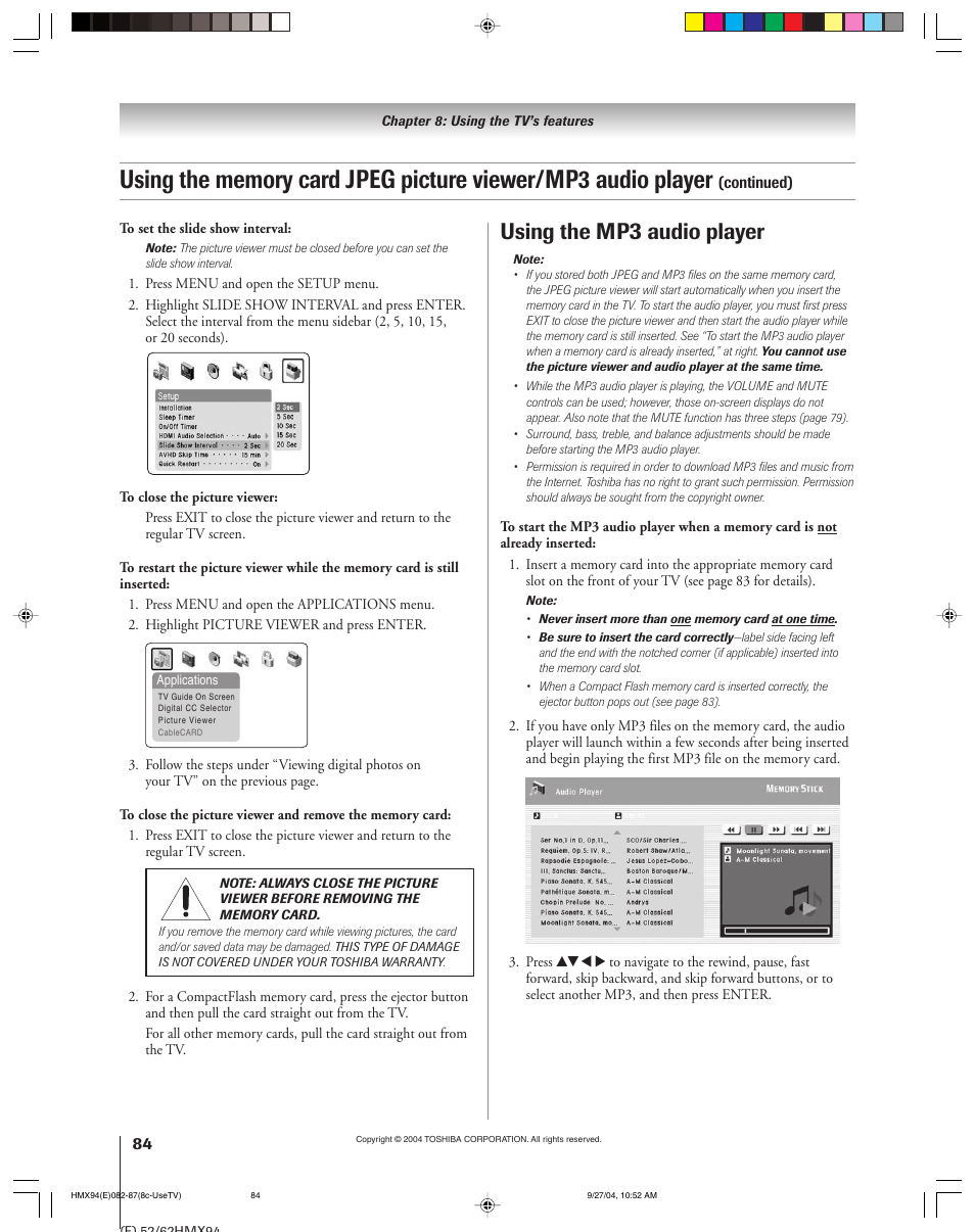 Using the mp, Audio player | Toshiba 52HMX94 User Manual | Page 84 / 108