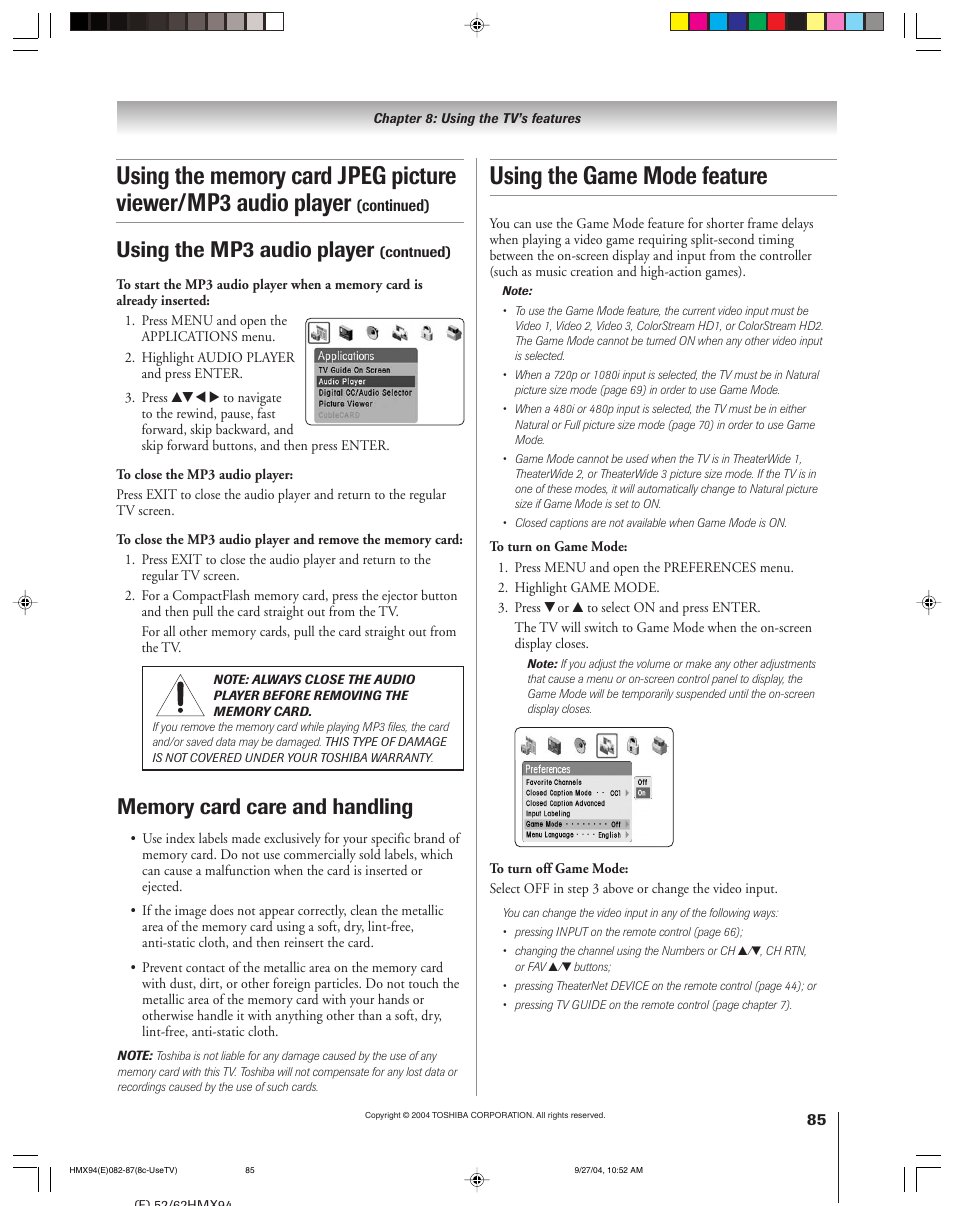 Using the game mode feature, Using the mp3 audio player | Toshiba 52HMX94 User Manual | Page 85 / 108