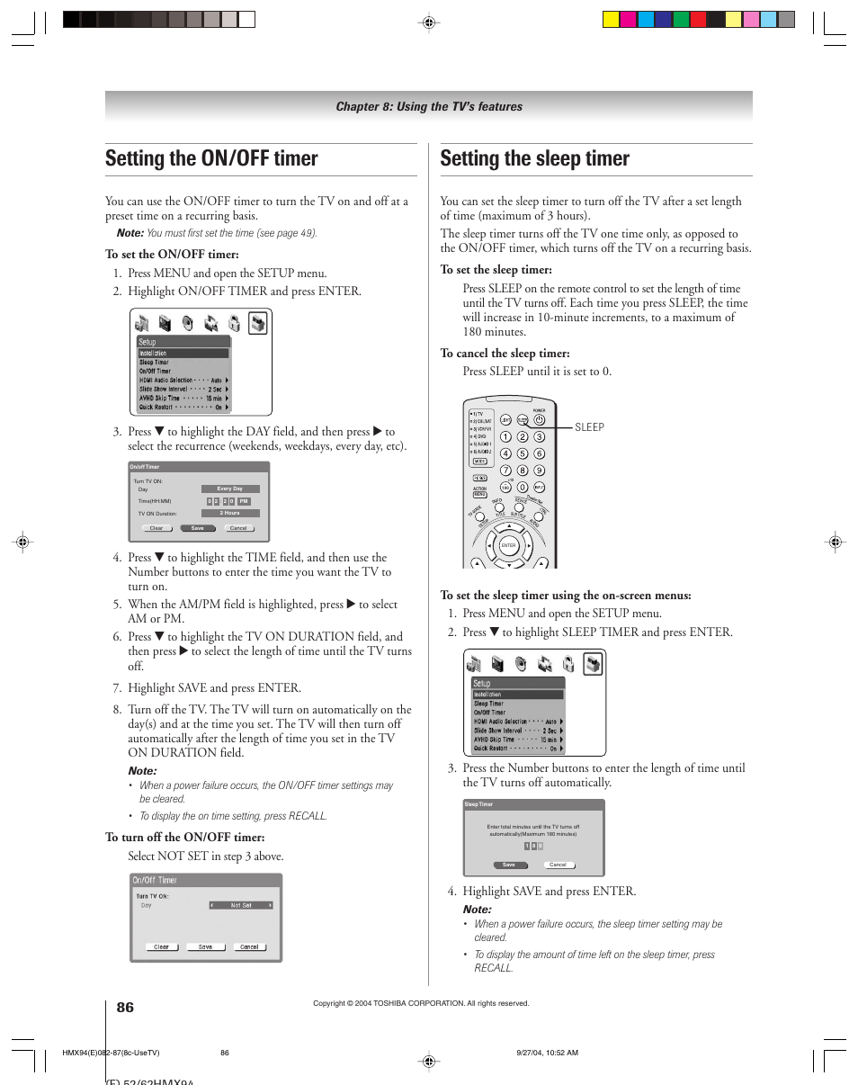 Setting the sleep timer, Setting the on/off timer | Toshiba 52HMX94 User Manual | Page 86 / 108