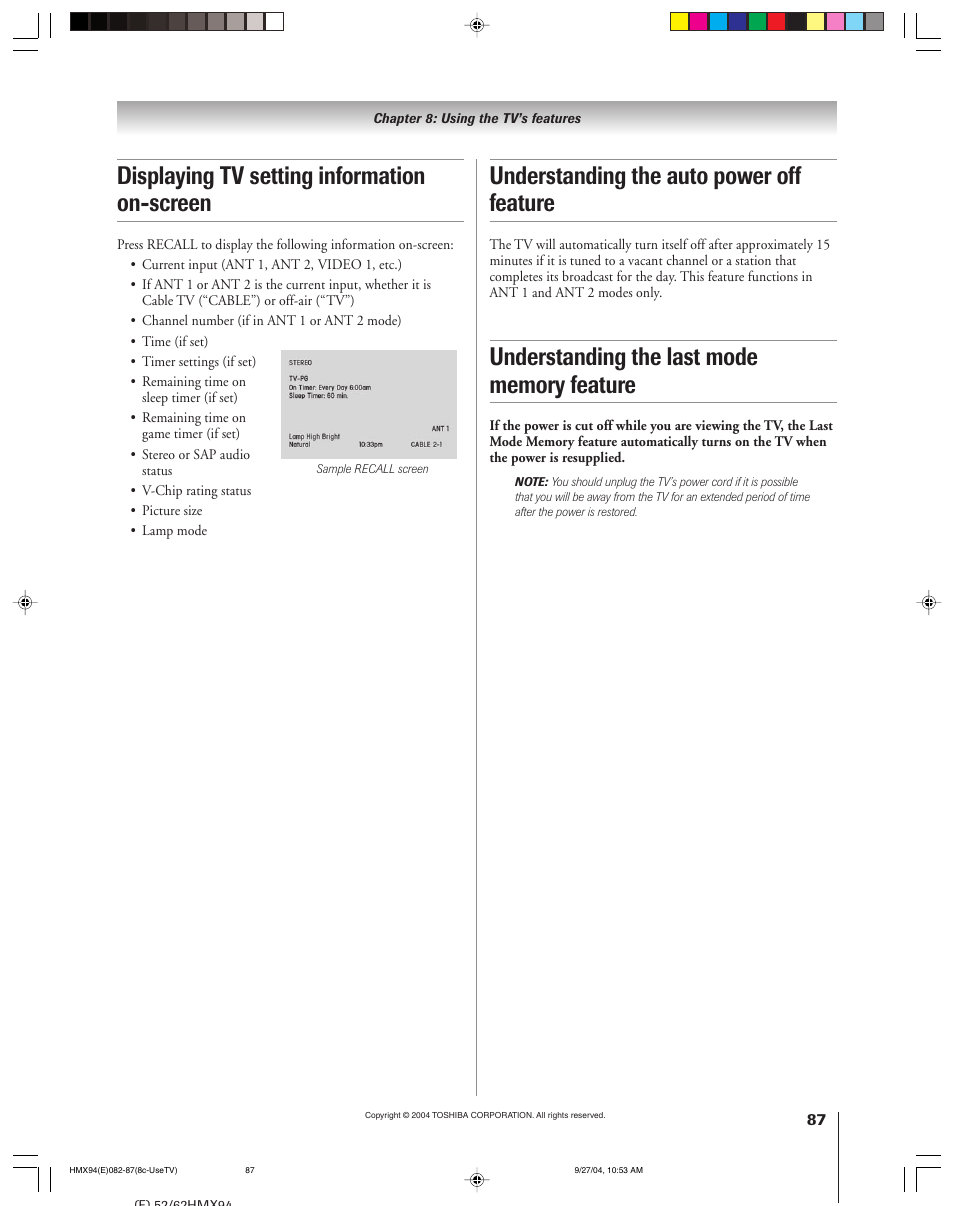Displaying tv setting information on-screen, Understanding the auto power off feature | Toshiba 52HMX94 User Manual | Page 87 / 108