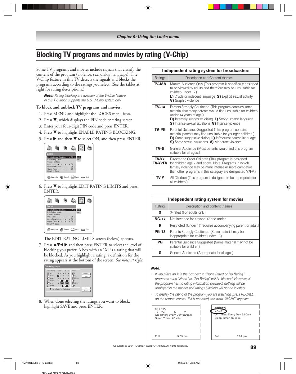 Blocking tv programs and movies by rating (v-chip), Chapter 9: using the locks menu, Independent rating system for broadcasters | Independent rating system for movies | Toshiba 52HMX94 User Manual | Page 89 / 108