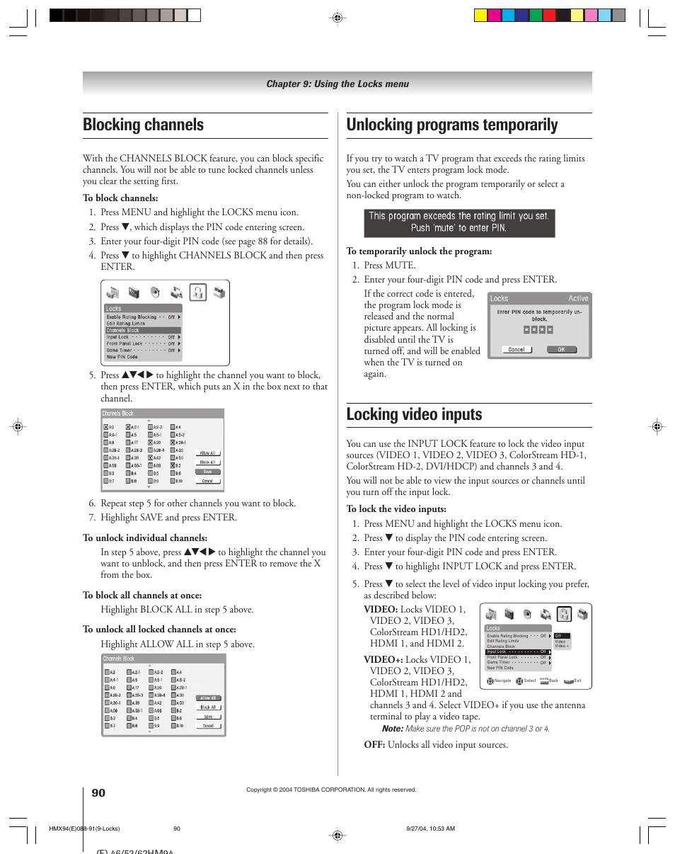 Locking video inputs, Blocking channels, Unlocking programs temporarily | Off: unlocks all video input sources | Toshiba 52HMX94 User Manual | Page 90 / 108