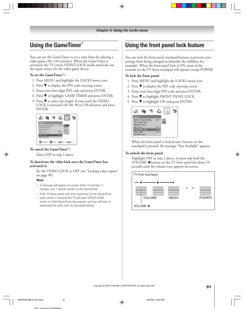Using the gametimer, Using the front panel lock feature, Chapter 9: using the locks menu | Toshiba 52HMX94 User Manual | Page 91 / 108