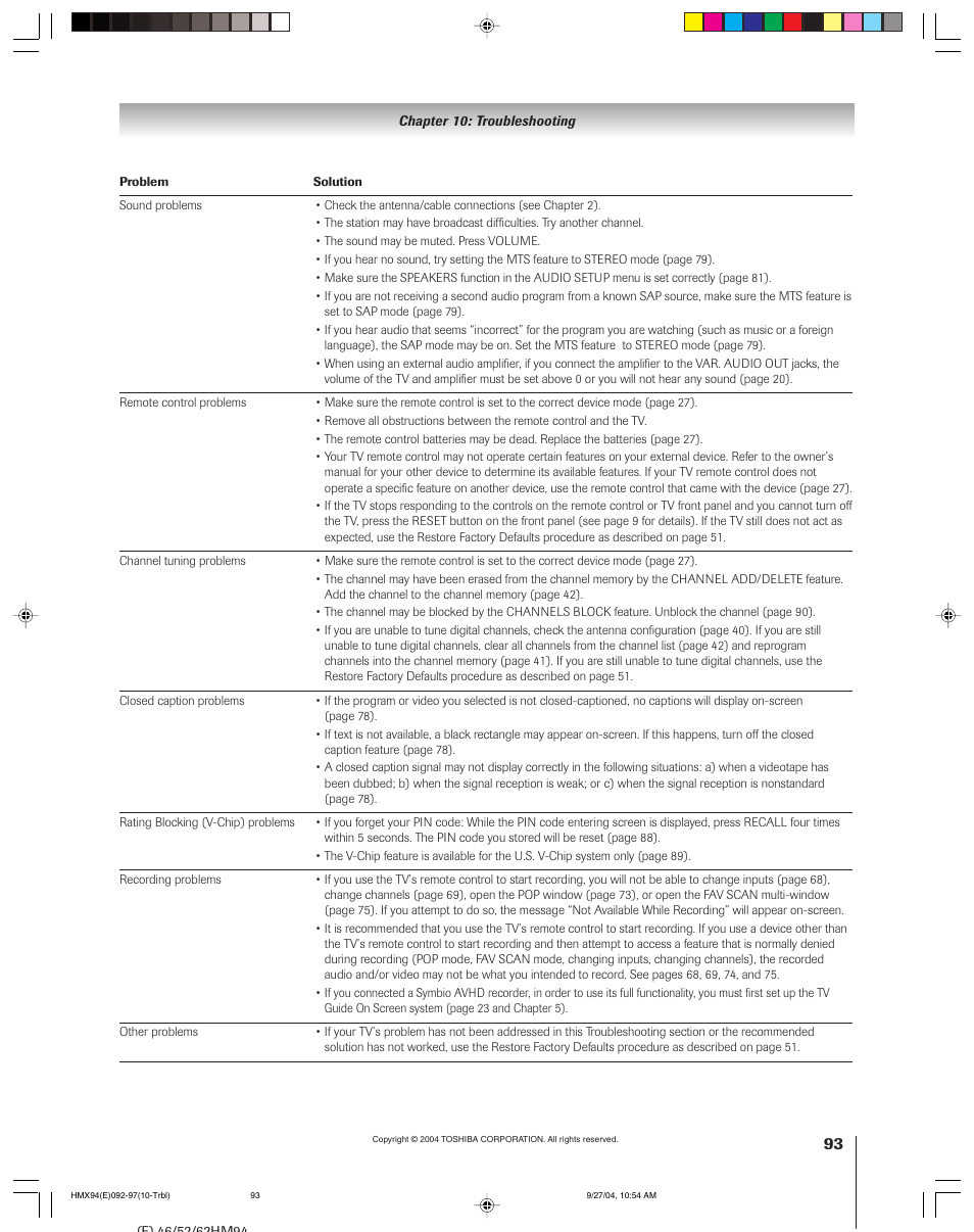 Toshiba 52HMX94 User Manual | Page 93 / 108
