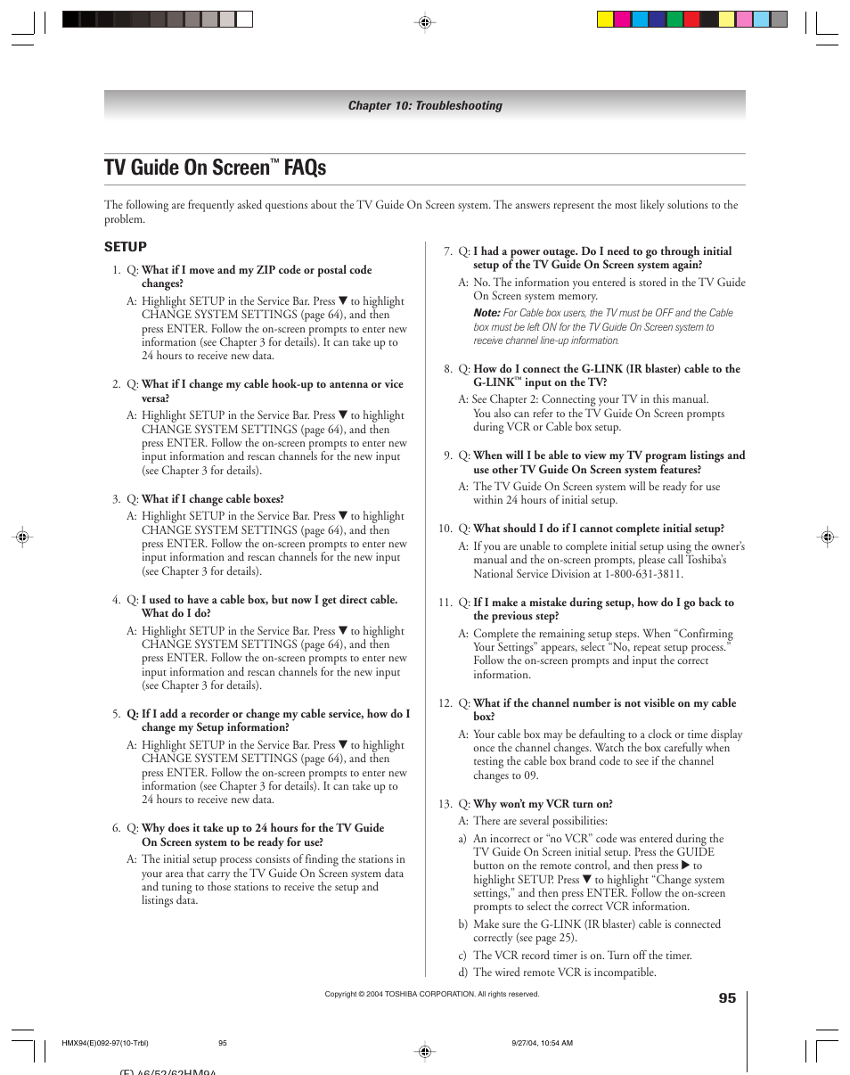Tv guide on screen, Faqs | Toshiba 52HMX94 User Manual | Page 95 / 108
