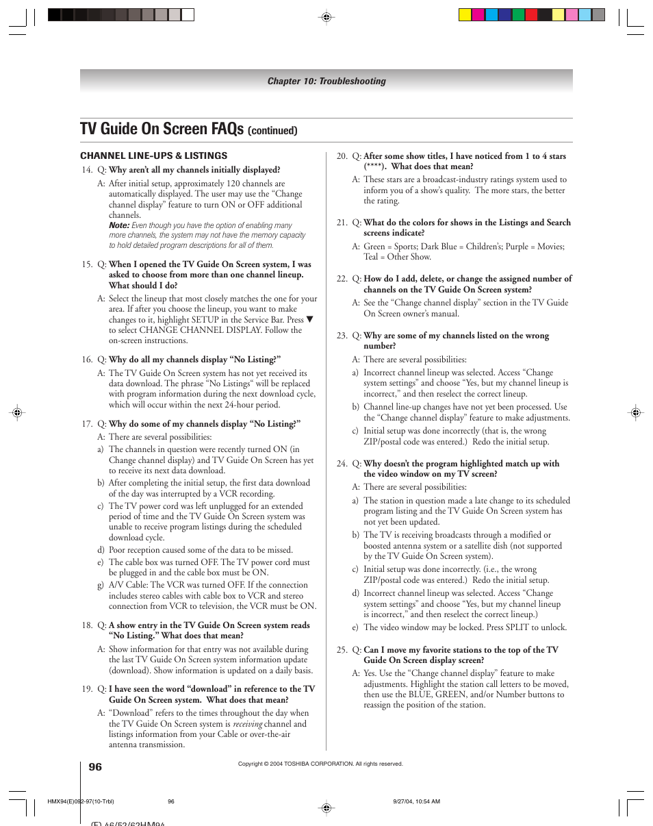 Tv guide on screen faqs | Toshiba 52HMX94 User Manual | Page 96 / 108