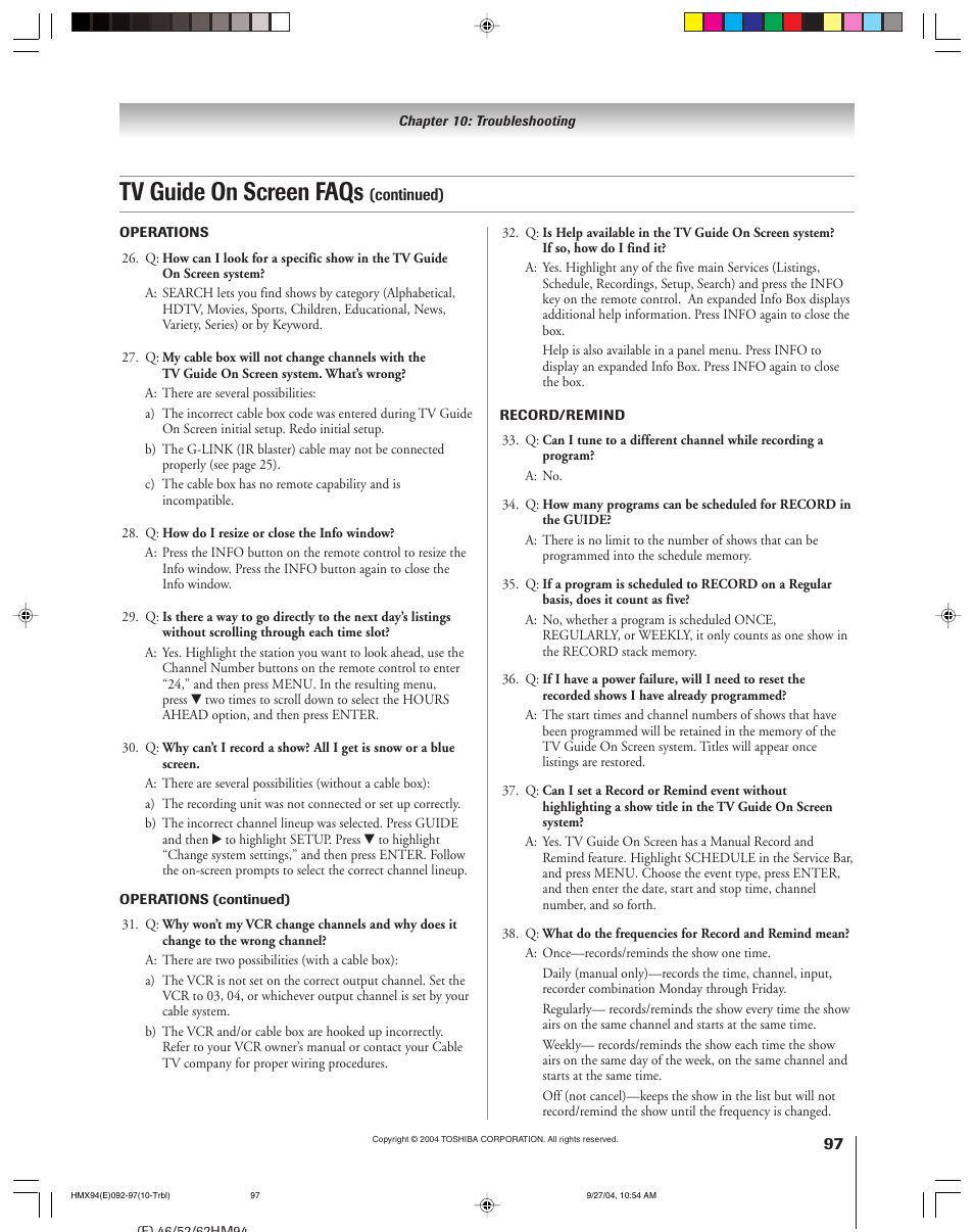 Tv guide on screen faqs | Toshiba 52HMX94 User Manual | Page 97 / 108