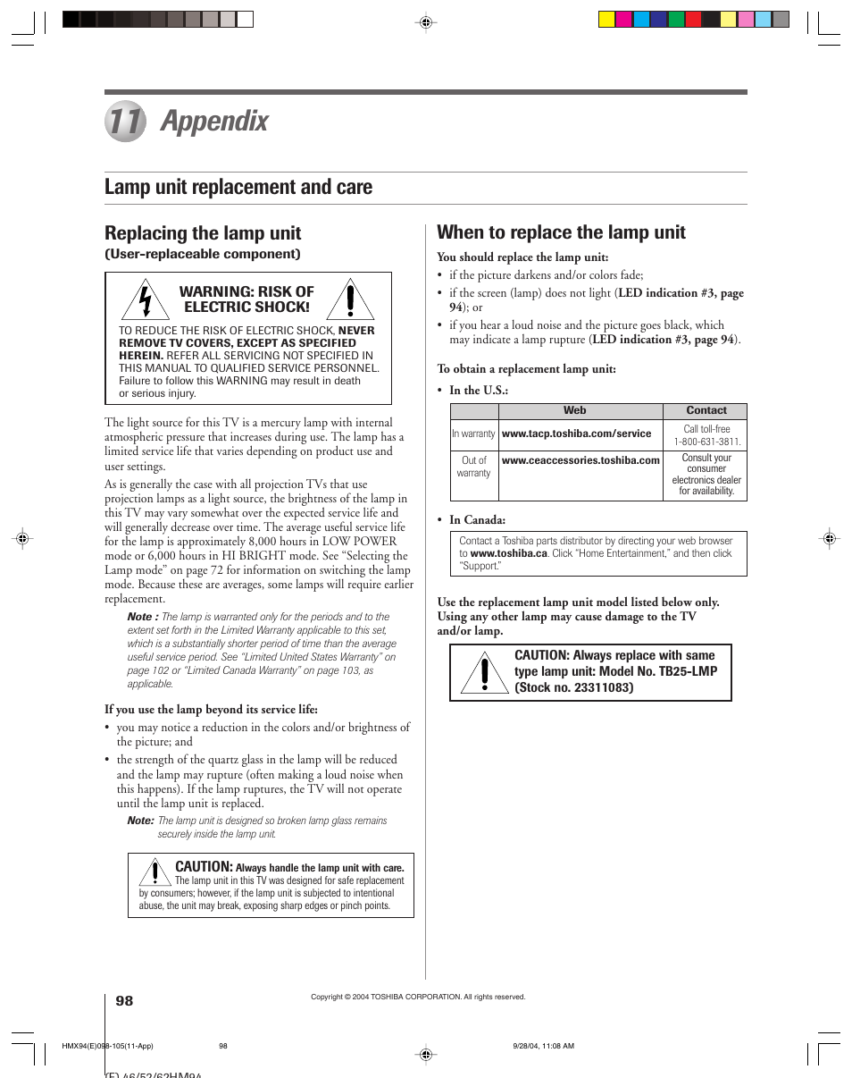Appendix, Lamp unit replacement and care, Replacing the lamp unit | When to replace the lamp unit | Toshiba 52HMX94 User Manual | Page 98 / 108