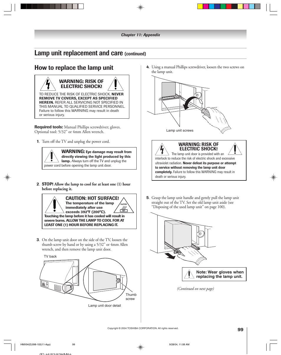 Lamp unit replacement and care, How to replace the lamp unit | Toshiba 52HMX94 User Manual | Page 99 / 108